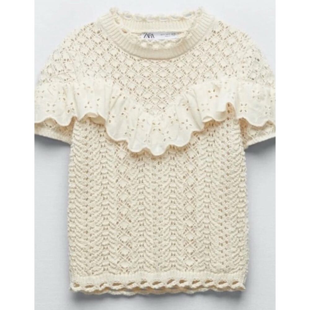 Zara Crochet Knit Ruffle Cape Top Cream Size Large
